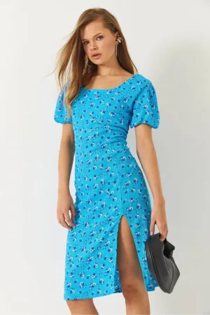 Rochie mini - texturata - imprimeu floral - albastra - textil