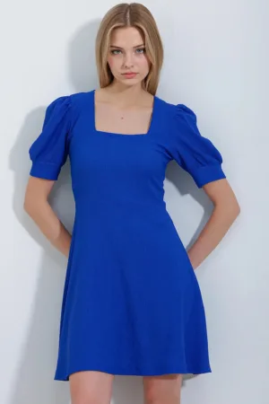 Rochie mini tricotata HiCCUP - guler patrat - albastru - poliester