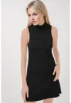Rochie mini tricotata cu nervuri - guler inalt - Negru - tricot -
