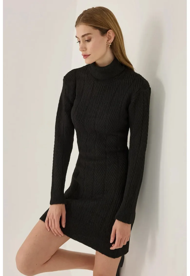 Rochie - mini tricotata - guler inalt - negru - acril