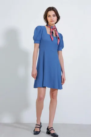 Rochie mini tricotata - guler patrat - albastru - poliester