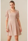 Rochie mini tricotata  guler patrat - bej - poliester
