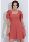 Rochie mini tricotata  guler patrat - rosie - poliester-lycra - Rosu caramida -