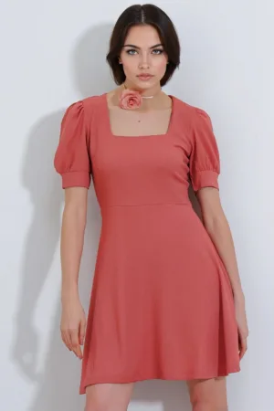 Rochie mini tricotata guler patrat - rosie - poliester-lycra -