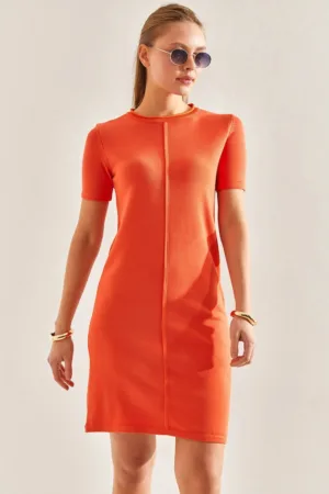 Rochie mini tricotata -  guler rotund - nervuri - portocalie - viscoza si polietilena -