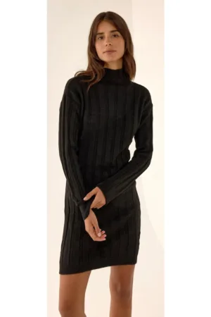 Rochie mini -  tricotata texturata - neagra - amestec bumbac-poliester