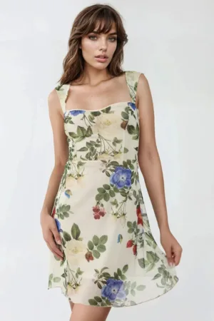 Rochie mini -  tul cu imprimeu - decolteu inima - bej