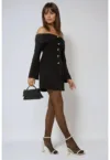 Rochie mini  umeri goi - nasturi - negru - elastan-poliester