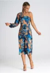 Rochie  model abstract - cu un singur umar - cu maneci lungi - multicolor - poliester
