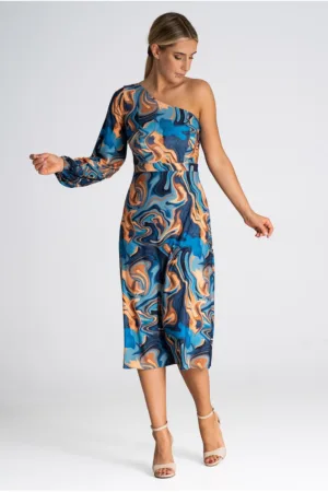 Rochie model abstract - cu un singur umar - cu maneci lungi - multicolor - poliester