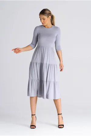 Rochie mulata cu volane - maneci 3/4 - gri - viscoza