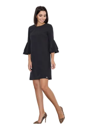 Rochie neagra M564 - cu volane - maneci 3/4 - poliester/viscoza - negru