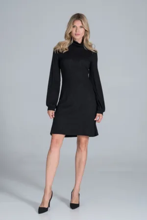 Rochie neagra M831 - eleganta - cu maneci lungi bufante - 65% poliester - 30% viscoza