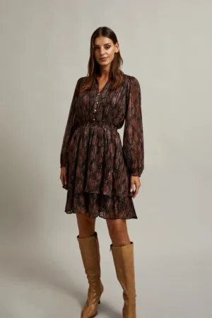 Rochie neagra cu imprimeu animalier si fusta evazata