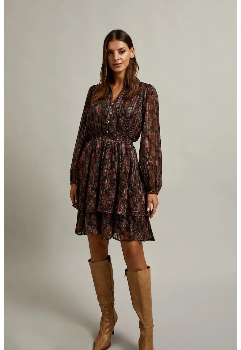 Rochie neagra cu imprimeu animalier si fusta evazata