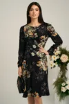 Rochie neagra cu imprimeuri florale bej si curea in talie