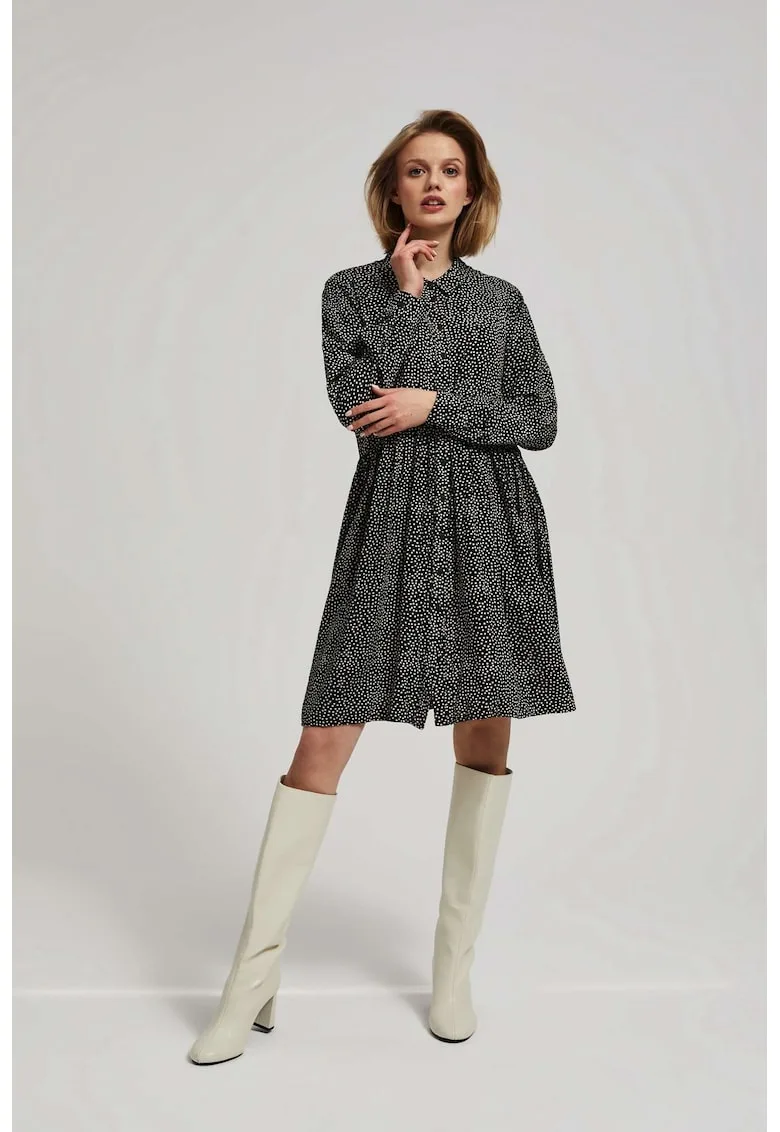 Rochie neagra cu maneca de camasa si fusta evazata