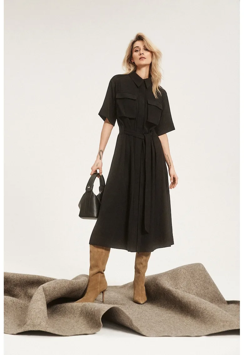 Rochie neagra cu talie legata si buzunare