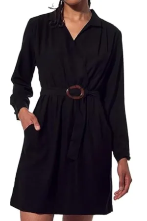 Rochie neagra - cu volane si curea - din poliester - pentru femei -
