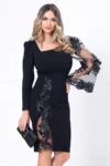 Rochie neagra de ocazie Viviana cambrata cu flori 3D