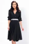 Rochie neagra de ocazie in clos cu cordon stralucitor in talie
