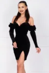 Rochie neagra din catifea Irene cu maneci detasabile