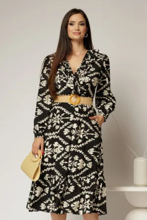 Rochie neagra din stofa cu imprimeu floral ivoar si curea in talie