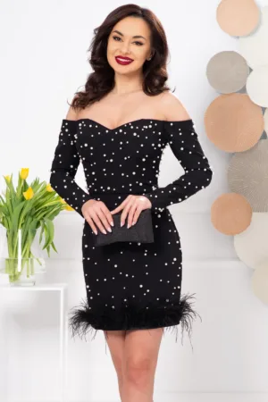Rochie neagra eleganta Briana pretioasa cu perle si fulgi