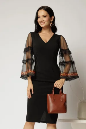 Rochie neagra eleganta cu maneci largi transparente si detalii decorative