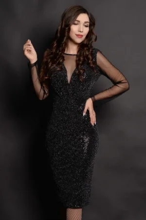 Rochie neagra eleganta de ocazie Celeste cu paiete si maneci din tulle