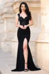 Rochie neagra eleganta lunga tip sirena Ambra cu flori 3D
