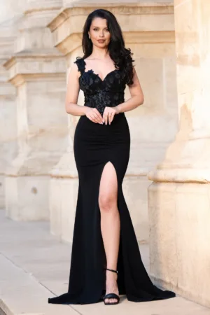 Rochie neagra eleganta lunga tip sirena Ambra cu flori 3D