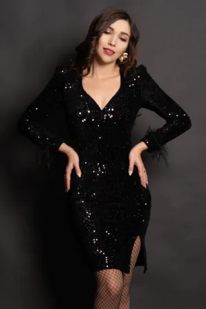 Rochie neagra eleganta scurta Elma cu paiete si fulgi