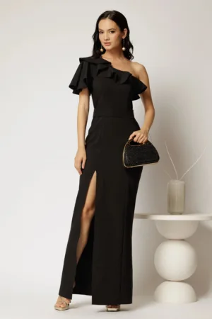 Rochie neagra lunga de ocazie pe un umar cu volanas si slit pe picior