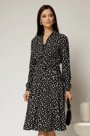 Rochie neagra midi din viscoza si imprimeu cu buline