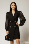 Rochie neagra scurta tip sacou cu maneci din dantela