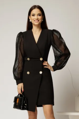 Rochie neagra scurta tip sacou cu maneci din dantela