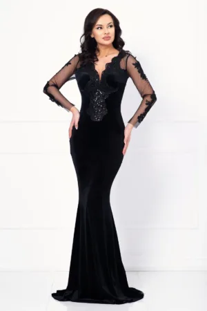 Rochie neagra tip sirena eleganta cu broderie aplicata