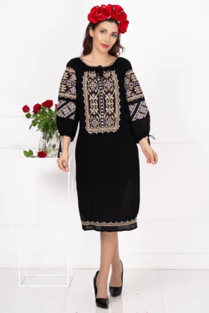 Rochie neagra traditionala Iarina cu broderie cu simbolul crucii