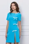 Rochie office albastra scurta cu funde albe si crepeu pe fusta