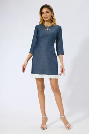 Rochie office cu fundite din strass-uri si volanas Dariela Denim