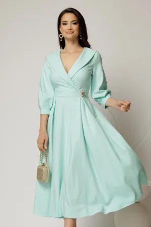 Rochie office de ocazie din stofa turcoaz cu bust petrecut si rever