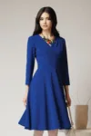 Rochie office din crep albastra cu pliuri pe bust