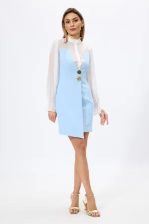Rochie office din crepe si voal cu butoni aurii Fedra Bleu