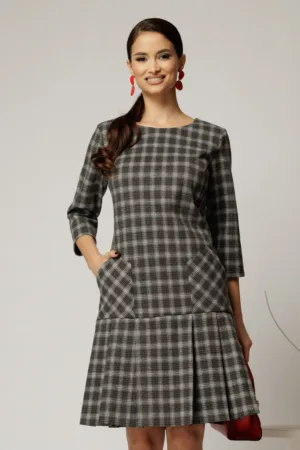 Rochie office din lana in carouri gri si pliuri la fusta