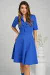 Rochie office din stofa albastra cu funda la bust