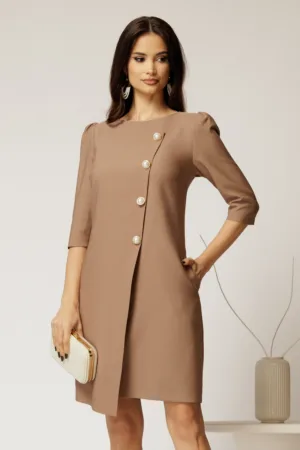 Rochie office din stofa bej cu nasturi perlati
