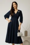 Rochie office din stofa bleumarin cu bust petrecut si rever