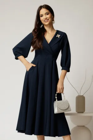 Rochie office din stofa bleumarin cu bust petrecut si rever
