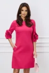 Rochie office din stofa fucsia cu trandafiri la baza manecilor